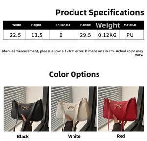 Detailed size specifications and color options for the PU leather bow shoulder bag