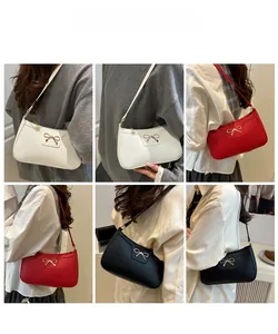 Three elegant colors of bowknot underarm bags shown on model in a collage layout