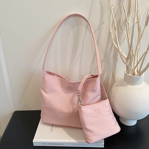 Pink lightweight large capacity shoulder bag set with embroidery and small pouch
