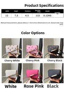 Size chart and color selection for mini cherry crossbody bag with dimensions and PU material