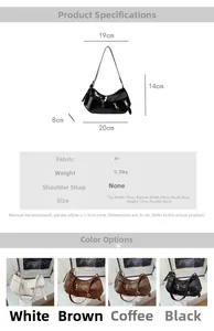 Detailed size specifications and color comparison of the moon-shaped PU leather handbag