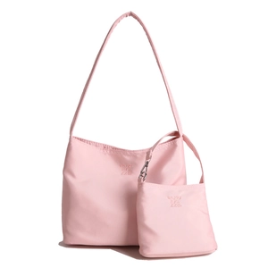 Pink nylon tote bag with 'enjoy life' embroidery and matching small pouch set