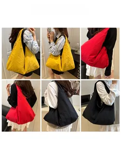 Three colors of large nylon tote bags shown in lifestyle scenes with various models