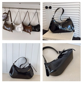 Detailed views of vintage shiny PU leather hobo bags in four colors with silver hardware