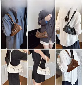 Multiple views of a retro crescent underarm bag in brown, black, and beige colors