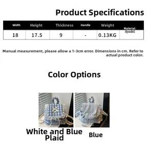 Size chart showing blue lace plaid backpack dimensions with white lace trim detail