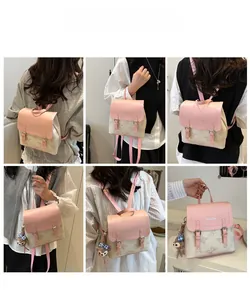 Detailed views of a pink flap backpack with butterfly patterns and double buckle straps