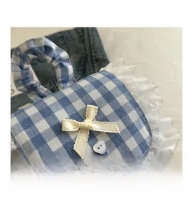 Close-up of blue plaid backpack featuring white lace trim and beige ribbon bow detail