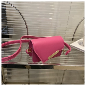 Detailed view of fuchsia mini crossbody bag featuring a golden metallic rectangular clasp