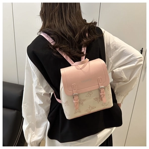 Close-up of pink and beige mini backpack with butterfly pattern and FASHION embossed logo