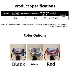 Detailed dimension guide for mini checkered saddle bag with red apple logo embroidery