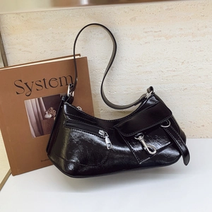 Women Retro Moto Hobo Bag Glossy PU Leather Crescent Shoulder Bag Silver Hardware Multi Pockets Y2K Fashion Style