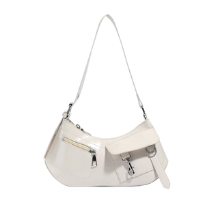 Chic cream crescent underarm bag in glossy leather with functional front pockets