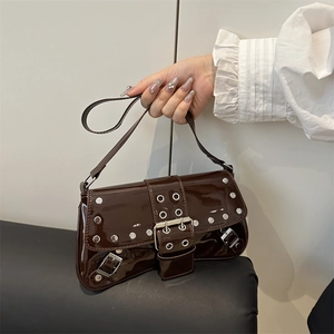 Trendy Y2K Punk Rivet Patent Leather Underarm Bag For Women Metal Buckle Eyelet Solid Color Small Shoulder Bag Handbag