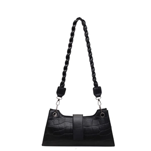 Retro black faux crocodile shoulder bag with chunky braided strap and silver hardware detail