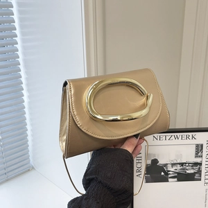 Women Elegant PU Leather Clutch Bag Gold Metal C-Handle Chain Shoulder Bag Minimalist Evening Party Banquet Crossbody Purse