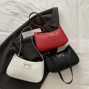 Women Baguette Underarm Bag Litchi Grain PU Leather Golden Metal Bow Knot Decoration Trendy Elegant Versatile Purse