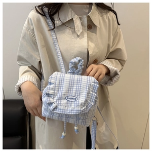 Detail showing blue gingham pattern, ruffled lace edges, and Fashion label on the backpack
