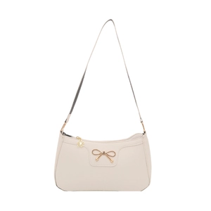 Beige faux leather baguette shoulder bag with golden bow buckle and floral pendant