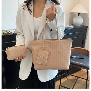 Three-piece apricot woven texture tote set with handbag and card holder