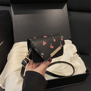 Mini cherry print crossbody bag in black leather with gold metal buckle and gift box