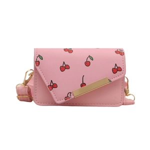 Sweet pink cherry print crossbody bag with irregular flap and gold metal fastener