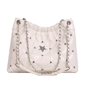White glossy quilted tote bag with star logo and silver chain shoulder strap