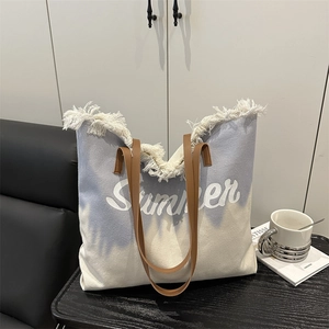 Canvas Tote Bag Large Capacity Gradient Summer Letter Print Frayed Fringe Edge Leather Straps Casual Beach Travel