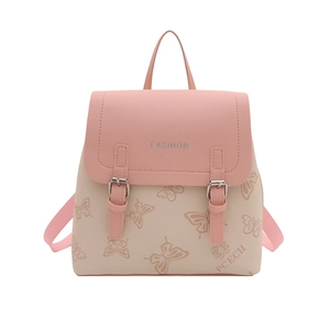 Fashion women's butterfly embossed backpack in pink and cream colorblock faux leather