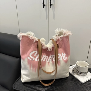 Pink gradient canvas beach tote bag with Summer lettering and brown leather handles
