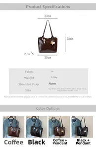 Detailed size chart showing dimensions for the large capacity PU leather tote bag