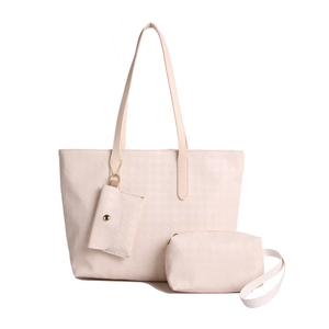 Three-piece beige woven texture tote bag set with matching wallet and makeup pouch