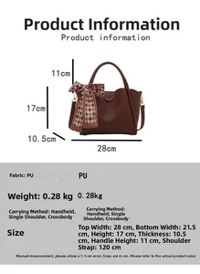 Brown PU leather bucket bag detail with checkered bow and size specifications