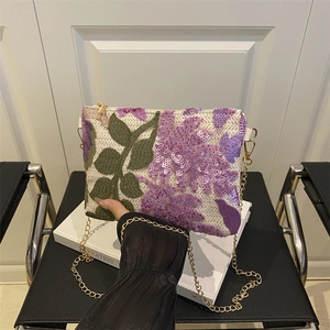 Sac Bandoulière Femme Broderie Florale Et Paillettes Petite Pochette Carrée Avec Chaîne Dorée Mode Élégant