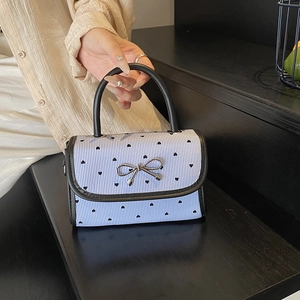 Women Sweet Bow Tie PU Handbag Metal Buckle Crossbody Bag Small Square Bag With Heart Print Stripe Design Daily Satchel
