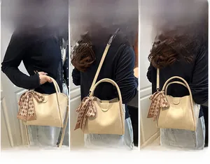 Beige bucket bag shown in three views with silk scarf detail and adjustable strap