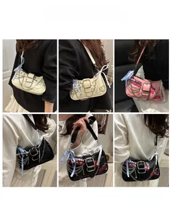 Collage of multi-color Y2K chain shoulder bags worn by model in various daily poses