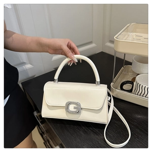 Macro view of the cream handheld square bag showing the silver G logo and leather texture