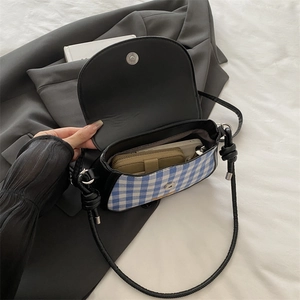 Mini sacoche de selle à carreaux bleus avec bandoulière à nœuds réglable pour femme