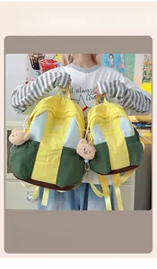Comparison of two sizes of waterproof contrast nylon backpacks with plush bear charms