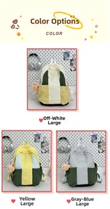 Close-up of color-block nylon backpack showing side pocket and plush bear charm detail
