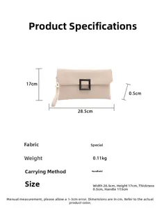 Detailed view of beige envelope clutch bag dimensions 28.5cm by 17cm with square buckle