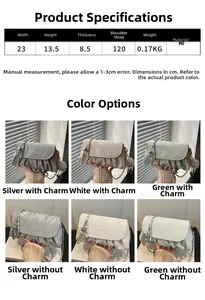 Detailed size chart and dimensions for the ruched crossbody bag with silver chain strap