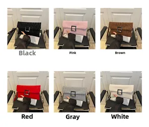 Collage of fashion envelope clutch bags in black, pink, brown, red, grey, and white