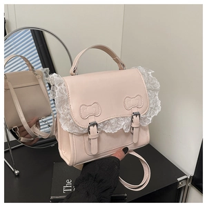 Borsa quadrata in pelle PU rosa con bordo in pizzo bianco e dettagli a fiocco decorativi