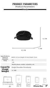 Detailed dimensions and capacity guide for this black PU leather crossbody handbag