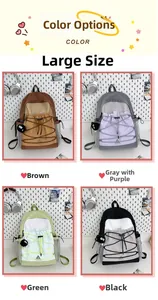 Detail view of multi-color canvas backpacks in brown, purple, green, and black variants
