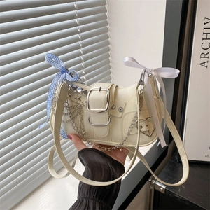 Punk Y2K Chain Underarm Bag For Women Metal Star Rivet Heart Buckle Ribbon Bow Decoration PU Leather Shoulder Crossbody Bag
