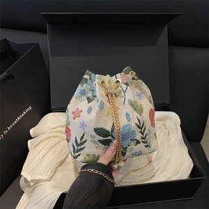 Sac Seau En Jacquard Floral Femmes Sac À Bandoulière Vintage Avec Chaîne Dorée Cordon Künstliche Perle Motif Fleur Mode