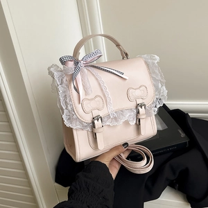 Zaino Donna Pelle PU Stile Lolita Dolce Bordo Pizzo Decorazione Fiocco Multiuso Mini Borsa Tracolla Per Ragazze